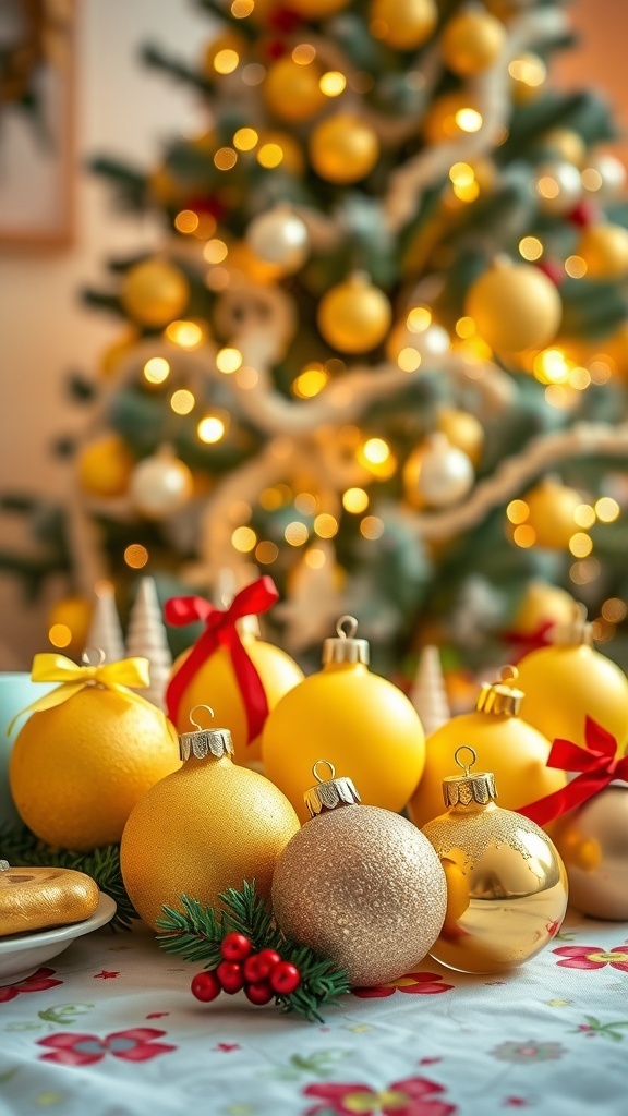 Homemade yellow Christmas ornaments in various shapes on a festive table with a Christmas tree in the background.